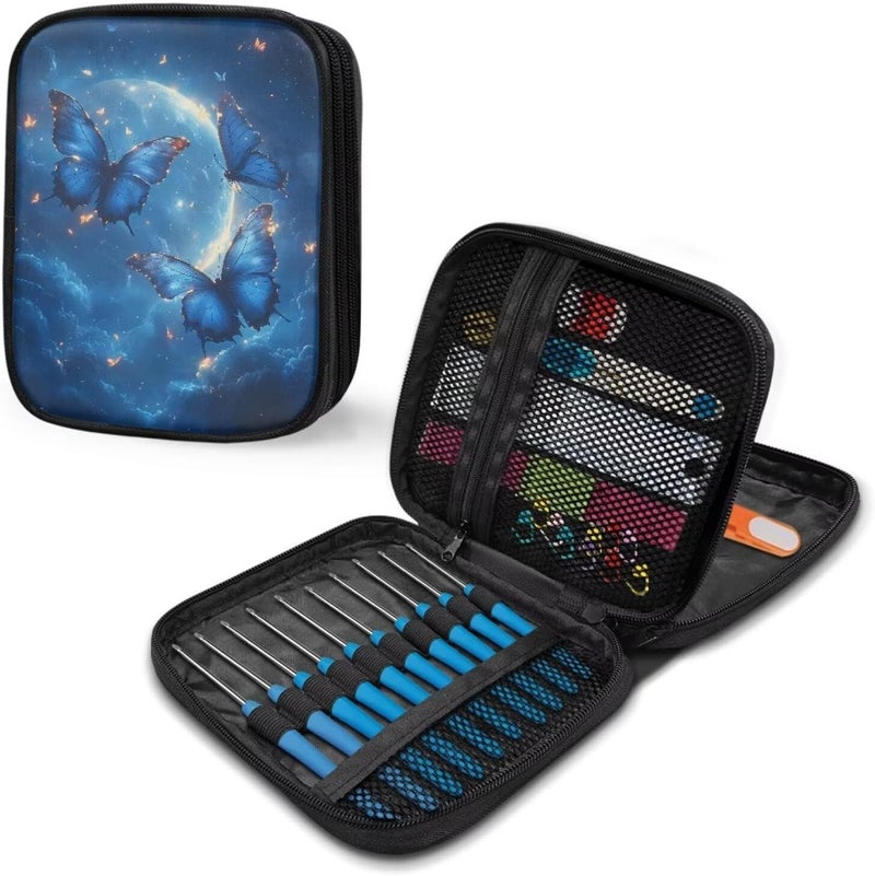Xsehusvy Butterfly Moon Small Crochet Hook Case Portable Fabric Travel Storage Bag Lightweight Knitting Storage Bag with Web Pockets Waterproof Knitting Bag for Airport Park Office - Image 5